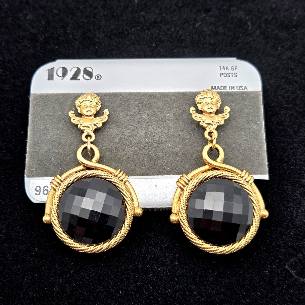1928 Gold Tone Cherub Post Earrings Black Stone Angels Victorian NEW